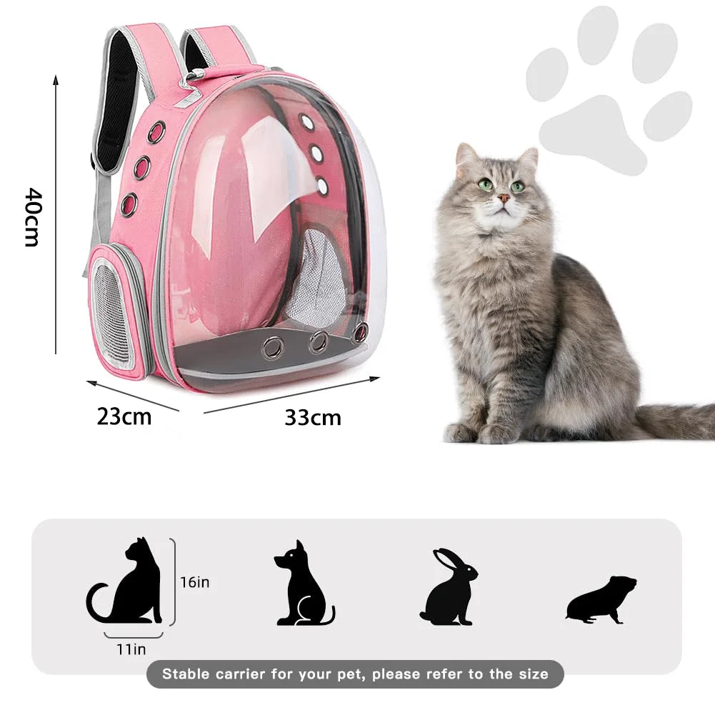 A pink transparent pet travel backpack with dimensions of 40cm by 33cm by 23cm.