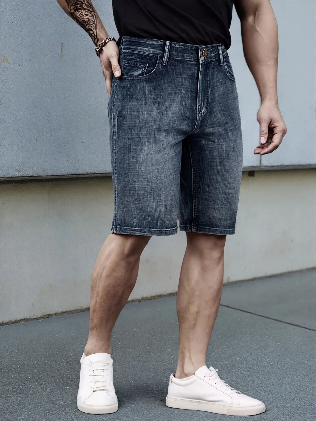 Slim fit men's denim shorts in classic style, featuring stretch fabric and casual design, size 40, by Showlu Fashion.