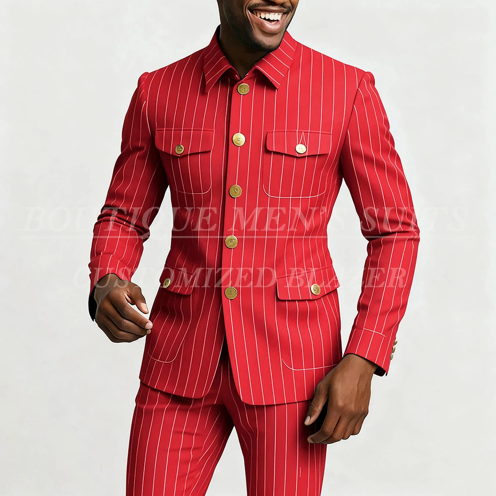 Elegant pinstripe men's suit from Showlu Fashion with slim fit, single-breasted jacket and matching pants, stylish stand lapel design.