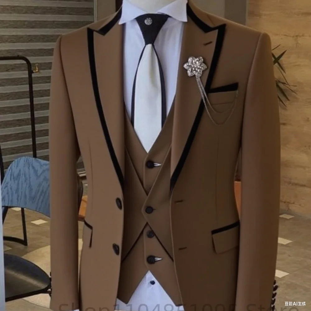 Men's solid slim fit 3-piece business suit set with blazer, vest, and pants, ideal for wedding and formal occasions.