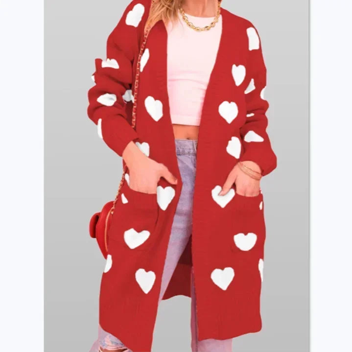 2025 Women Heart Maxi Sweater Cardigan Kintted Jacket Long Spring Valentine's Day Loose Crochet Winter Warm Jumper Coat Sweaters
