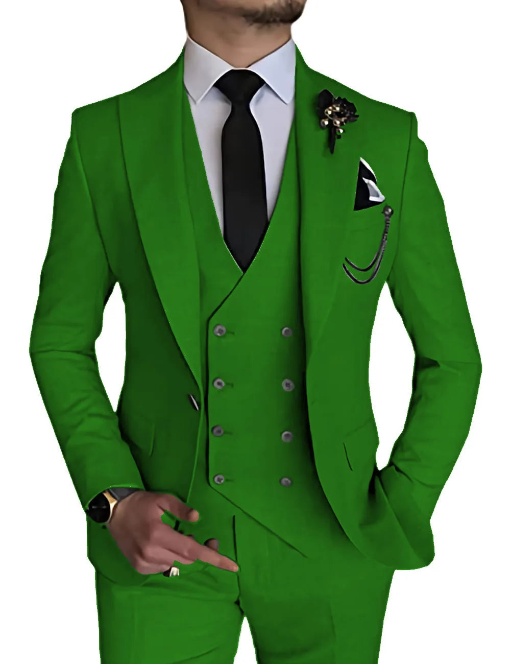 Men's three-piece business casual suit set by Showlu Fashion, featuring a jacket, vest, and trousers for formal occasions.