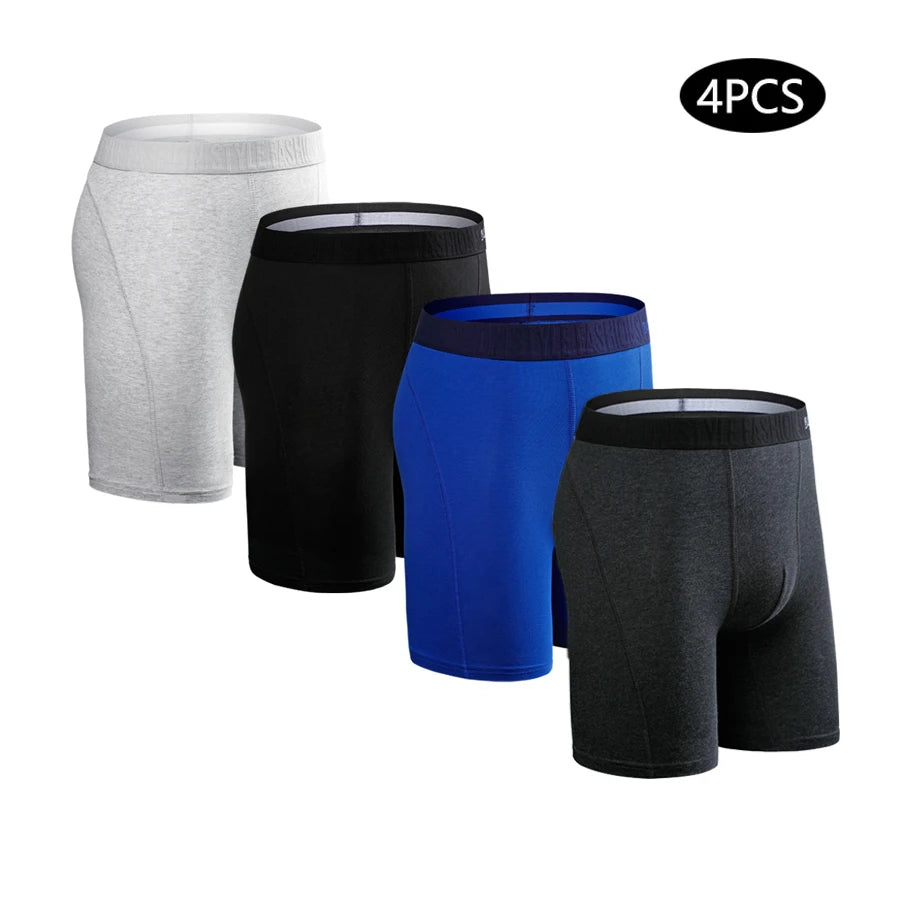 Men's long leg boxer shorts in a 4-pack, cotton plus size trunks, shown in black and gray, from Showlu Fashion Store.