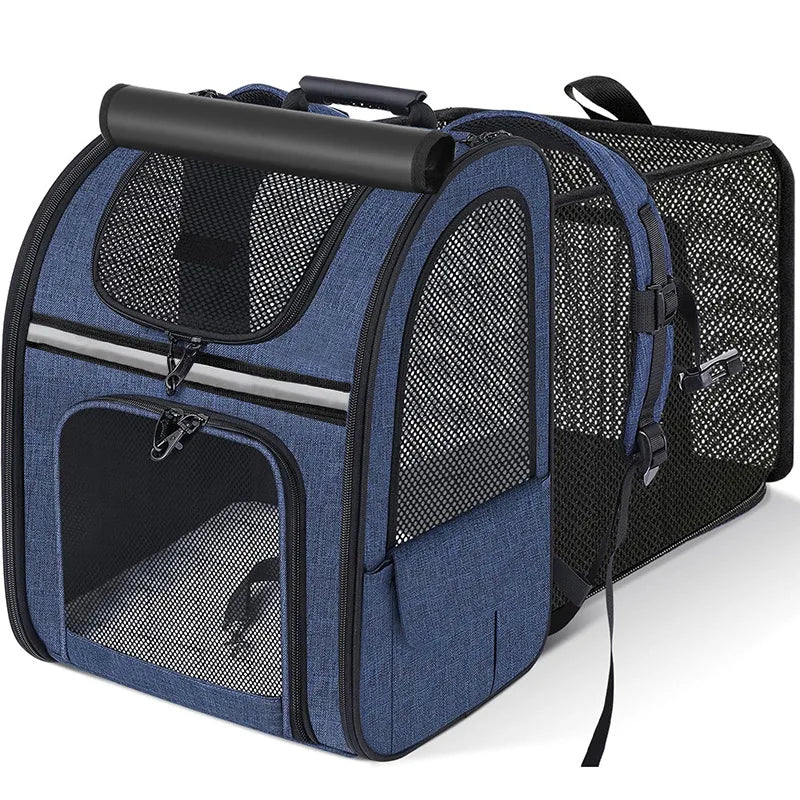 Showlu Fashion JTPAWS expandable cat carrier backpack with breathable Oxford mesh, designed for comfortable pet travel.