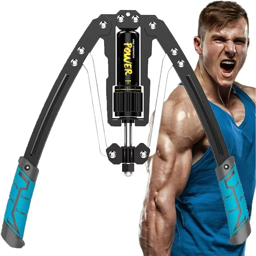 Showlu Hydraulic Power Twister Arm Exerciser with adjustable resistance from 22 to 440 lbs, demonstrating its sturdy design and handles.