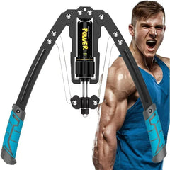 An adjustable hydraulic arm exerciser with blue grips and a central resistance dial.