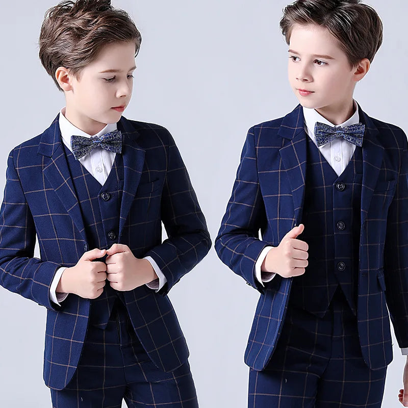 LUOBOBEIBEIC boys' 3-piece plaid formal suit featuring a tuxedo jacket, dress shirt, and matching trousers for kids' weddings.
