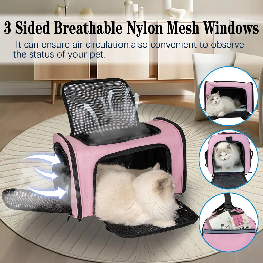 Showlu Soft-Sided Cat Carrier in nylon with TSA airline approval, featuring a breathable design and secure zipper closure.