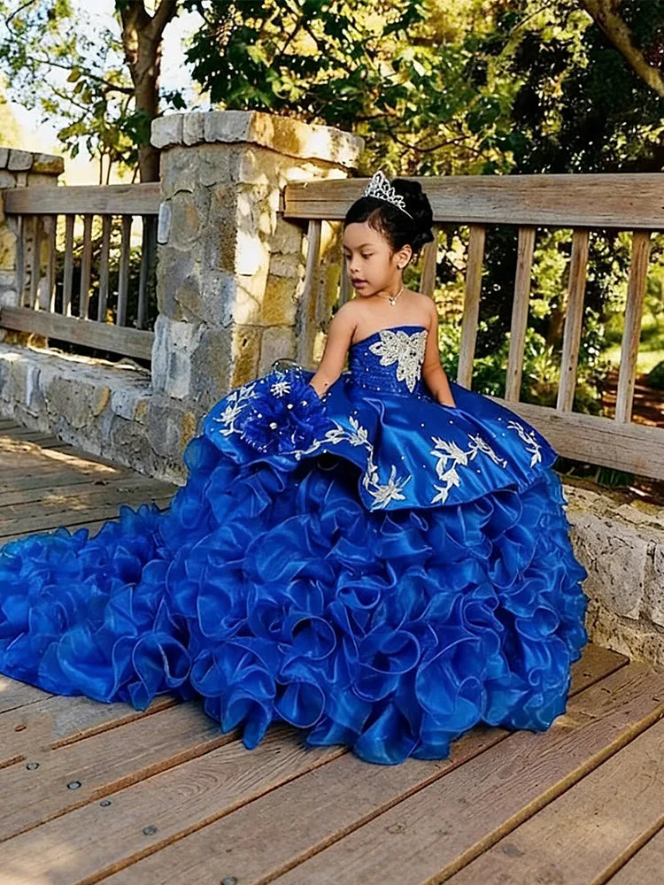 Elegant Flower Girl Dresses for Wedding Off Shoulders Appliques Layered Tail Kids Birthday First Communion Gowns Custom