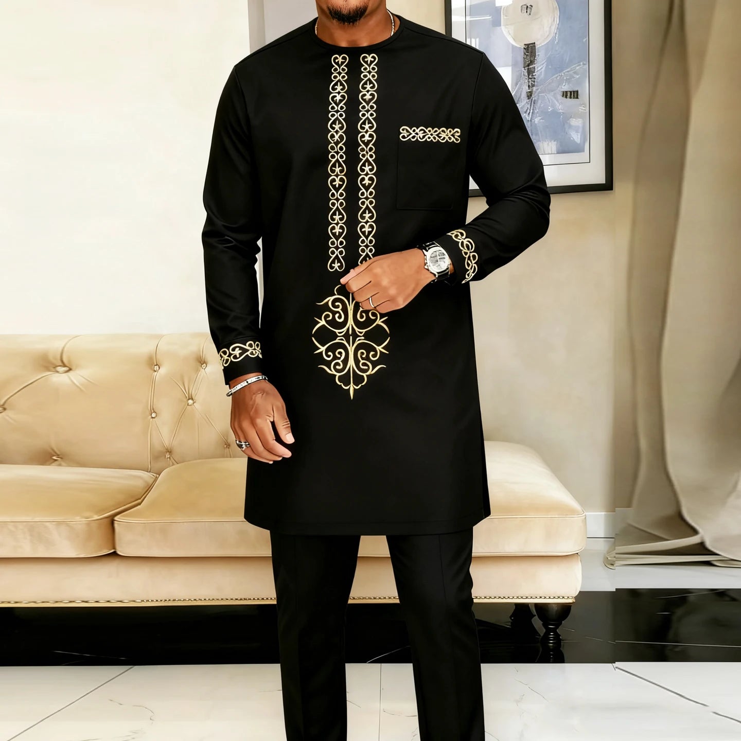 Showlu men's African cotton blend kaftan set, two-piece wedding suit with intricate patterns and traditional design.