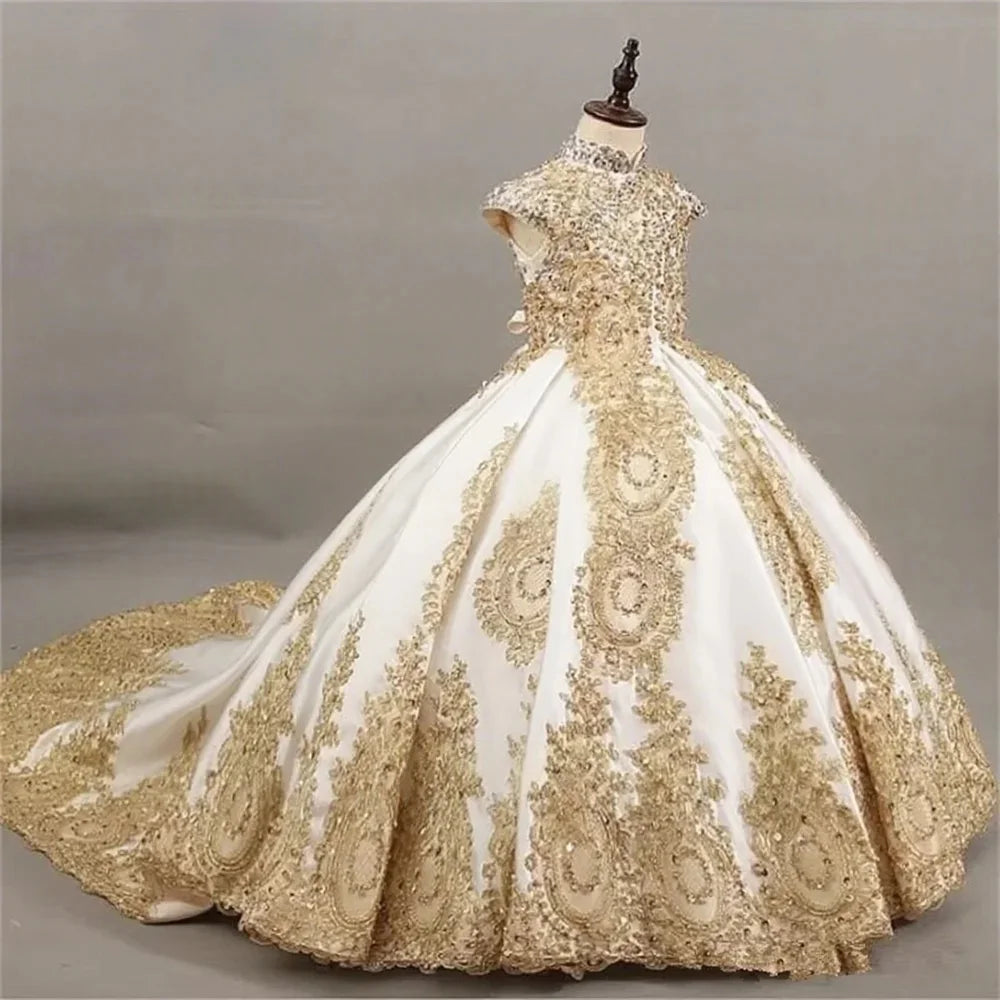 JDY custom girls' sleeveless ball gown with gold lace embroidery and long train, elegant princess dress for special occasions