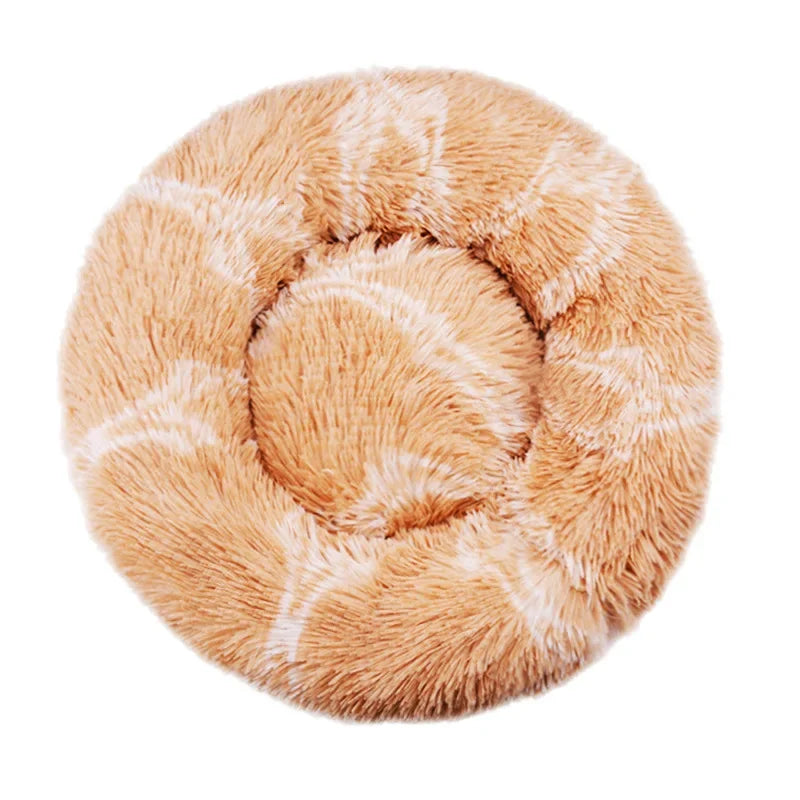 Showlu Round Plush Pet Bed for large dogs, soft and warm dog house with cozy cushioning in beige fabric.
