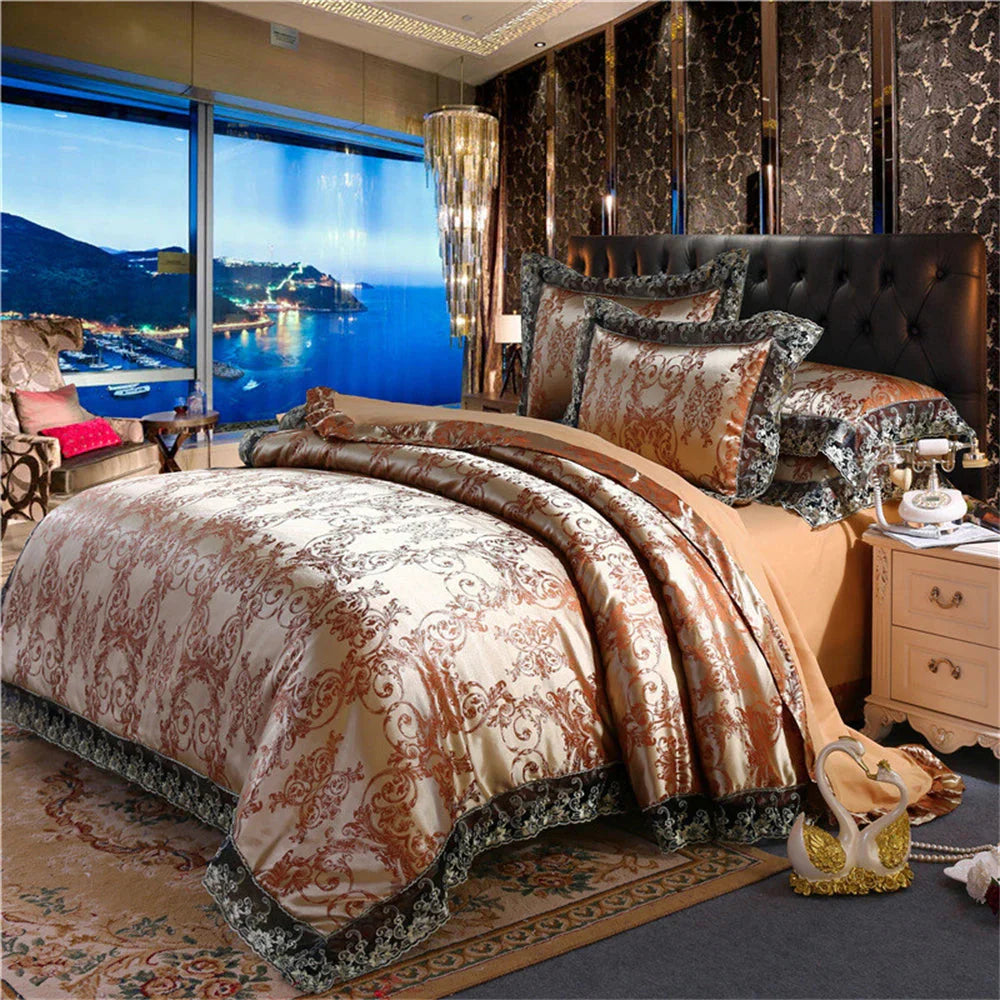Nordic satin jacquard duvet cover set with floral pattern, luxurious bedding in soft satin fabric, elegant design for bedroom decor