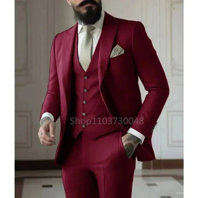 SHOWLU men's 3-piece slim fit formal suit with cotton tuxedo set, including jacket, vest, and trousers for wedding or formal occasions.