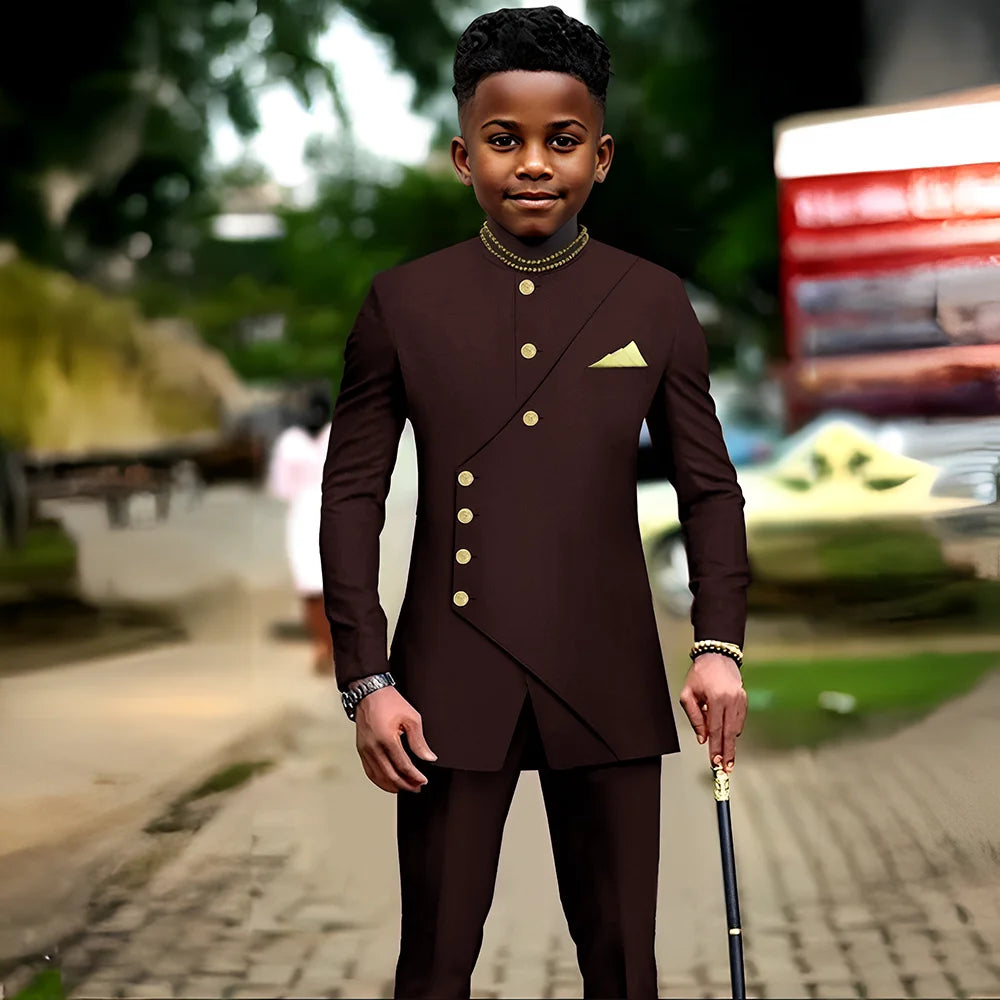 African boys' 2-piece suit jacket and pants set by Showlu Fashion Store, suitable for parties, weddings, and dance events for kids 2-16 years.