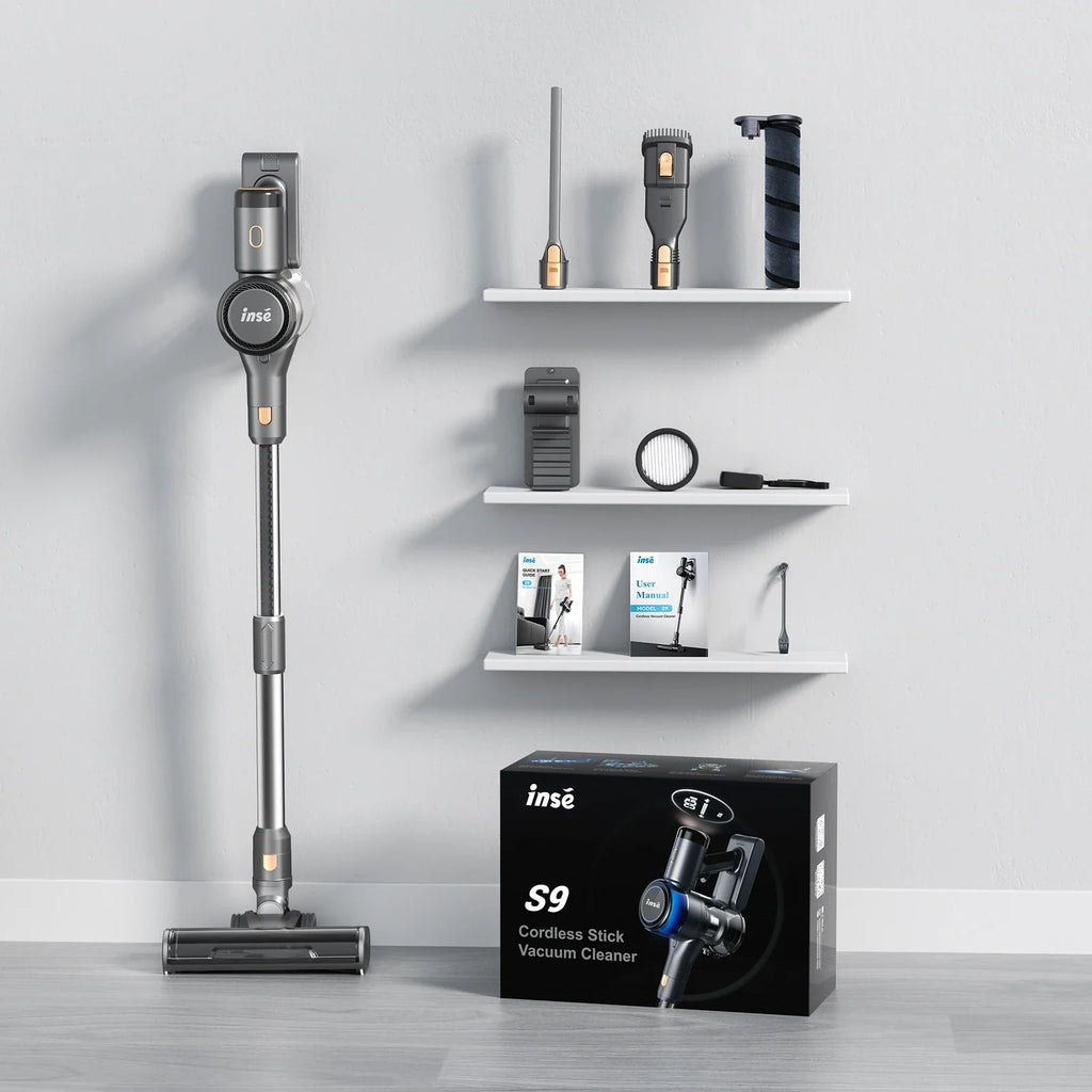 INSE S9 cordless stick vacuum cleaner with 30KPa suction, 400W power, ideal for pet hair and cleaning floors.