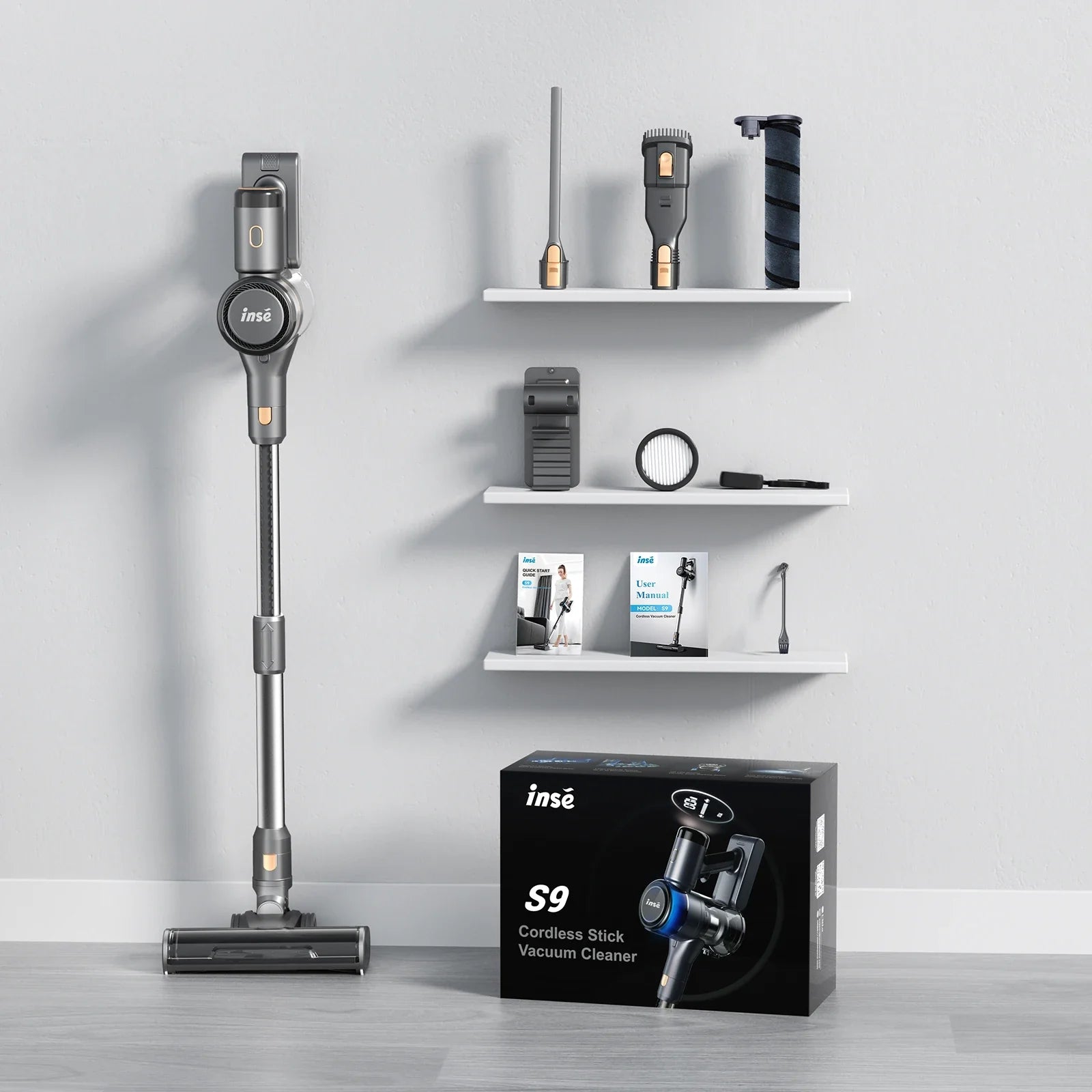 INSE S9 cordless stick vacuum cleaner with 30KPa suction, 400W power, ideal for pet hair and cleaning floors.