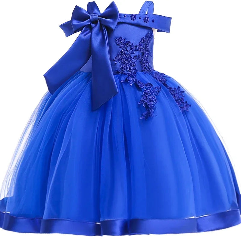Kids Christmas party dress for girls with appliqué flowers, bow, and elegant design, perfect for weddings, birthdays, and proms.