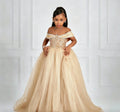 Luxury Customized Off Shoulder Flower Girl Dresses for Wedding Beading Tulle Floor Lenght Girls Birthday First Communion Gown