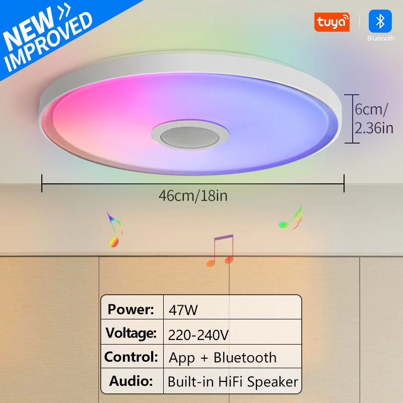 Showlu Smart RGB LED ceiling light with Bluetooth speaker and remote control, featuring colorful lighting and modern design.
