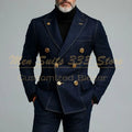 Slim fit men's 2-piece suit with double-breasted peak lapels, formal outfit by SHOWLU FASHION STORE, shown in dark fabric.