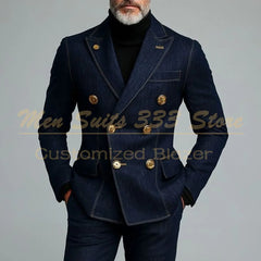 Fashion Demin Men's Suits Luxury Double Breasted Peak Lapel Slim Fit 2 Piece Jacket Pants Sets Elegant Male Clothing Outfits