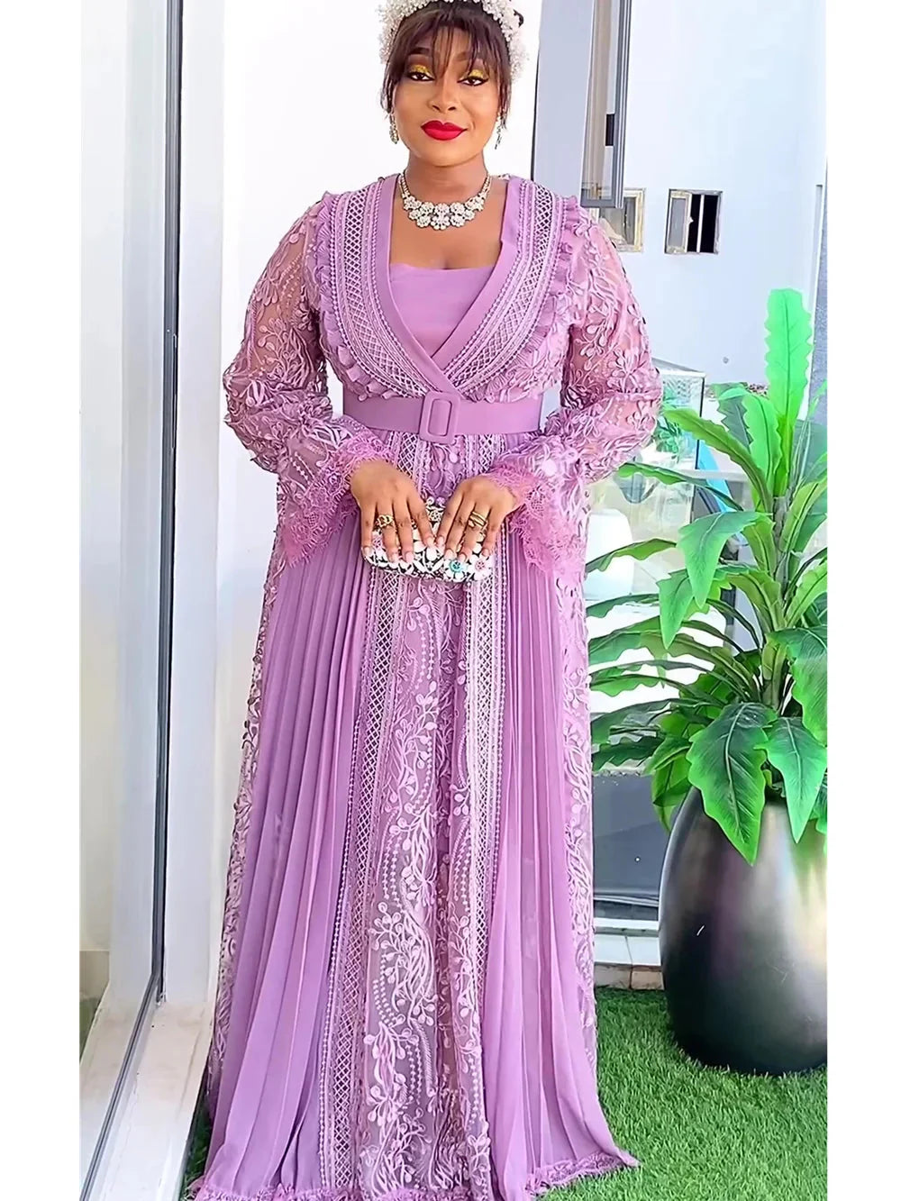 Plus size Ankara lace African party maxi dress for women by SHOWLU FASHION featuring vibrant patterns and elegant design.