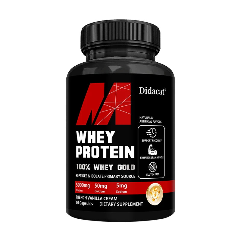 Showlu Fashion Store whey protein capsules with 5000mg protein, gluten-free, non-GMO, supporting muscle recovery and balanced health.