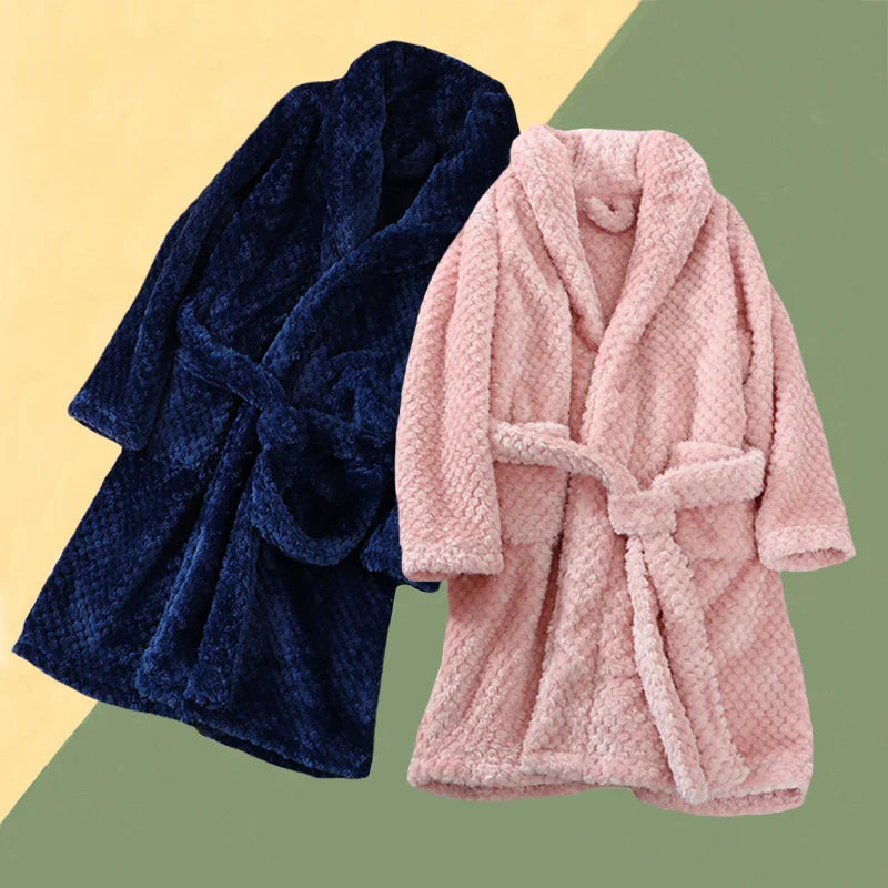 Childdkivy Kids flannel pajamas and cartoon bathrobe for boys and girls, featuring warm, cozy fabric and playful designs.