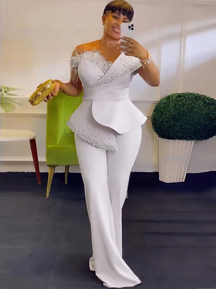 SHOWLU FASHION high waist strapless rivet jumpsuit with sexy tube top, stylish party outfit for women.