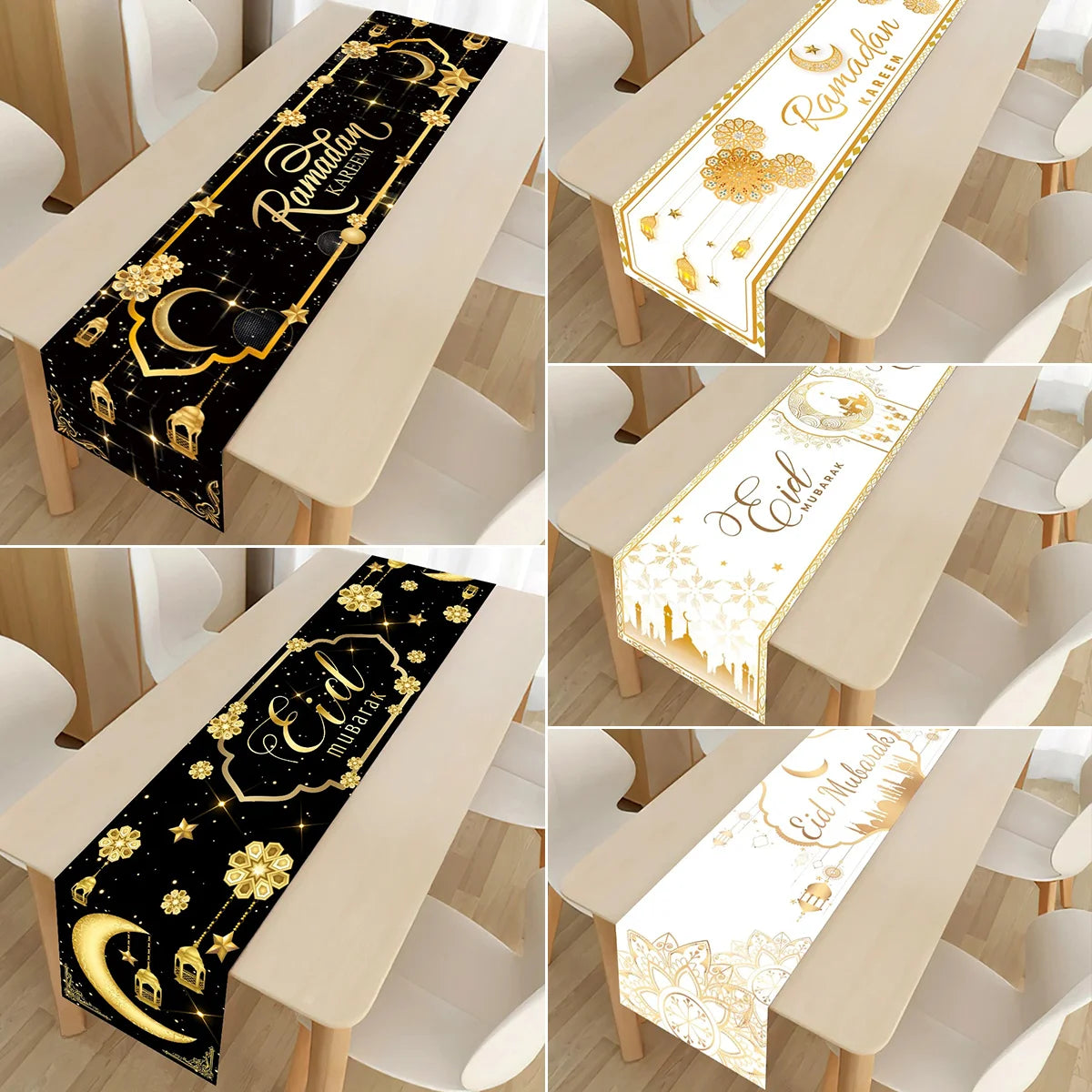 Ramadan decoration table runner with Eid Mubarak design, Islamic motifs, for home Eid al-Fitr celebration table decor.