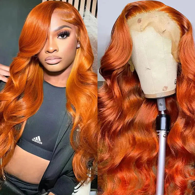 SHOWLU FASHION STORE ginger orange body wave lace front human hair wig with 13x6 lace and natural flowing waves.