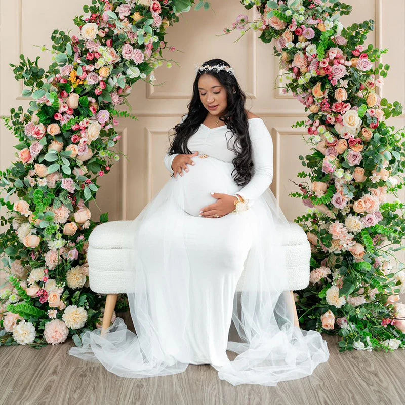 SHOWLU long sleeve mesh maternity dress with train, perfect for photoshoots, featuring elegant sheer fabric and flowing design.