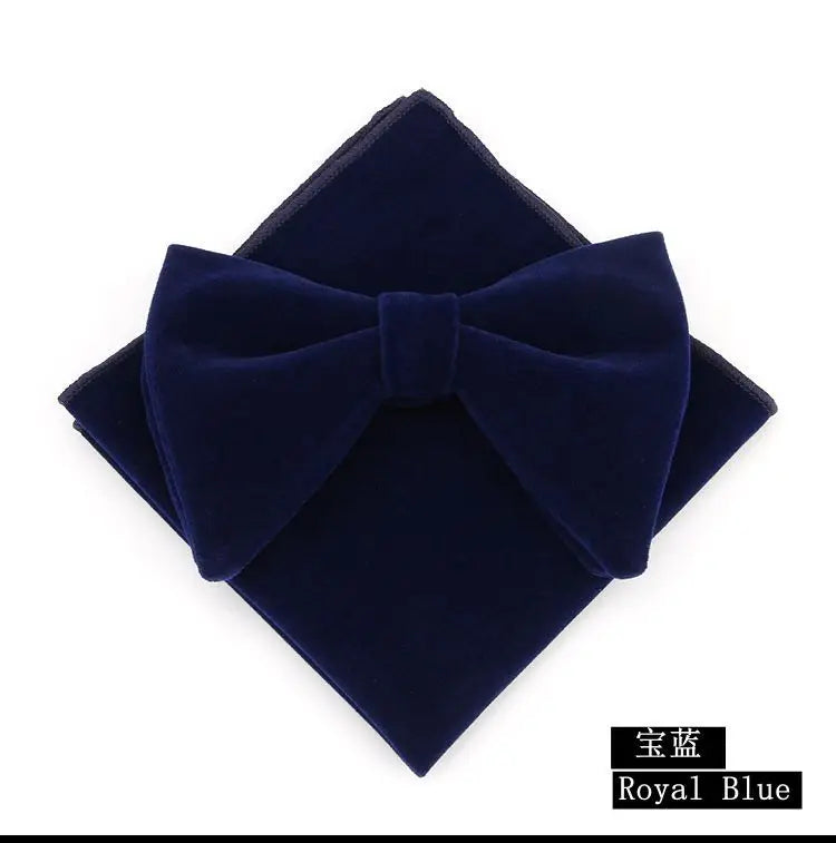 Velvet big bowtie and handkerchief set for men, includes wedding necktie, butterfly pocket square, and towel with custom logo, in elegant design.