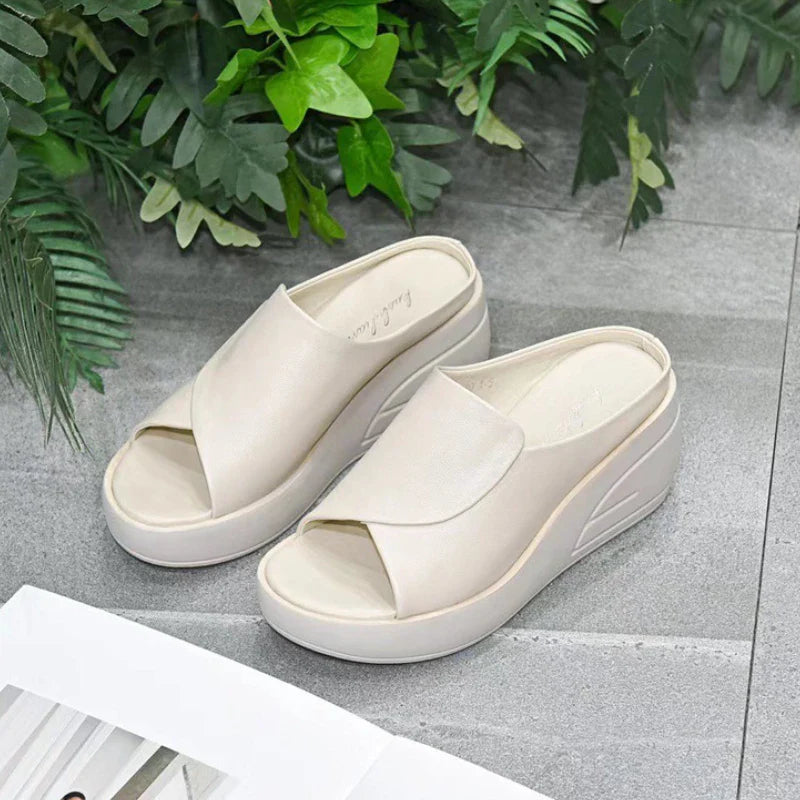 Shijunyi Women's wedge platform orthopedic beach slides with cushioned straps and sturdy sole, perfect for summer wear.