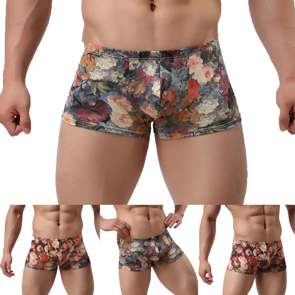 Men's nylon printed boxer shorts with pouch from Showlu Fashion Store, featuring colorful patterns and comfortable fit.