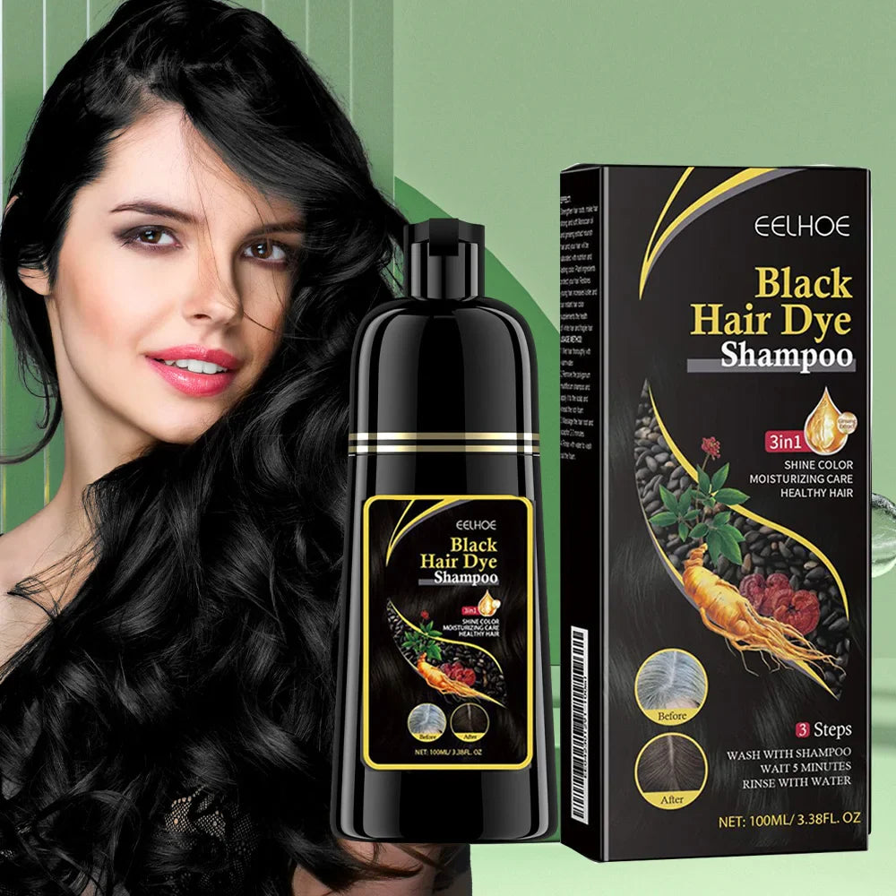 Eelhoe 3-in-1 black hair dye shampoo with herbal repair for gray hair, shown in a black bottle with natural ingredients.