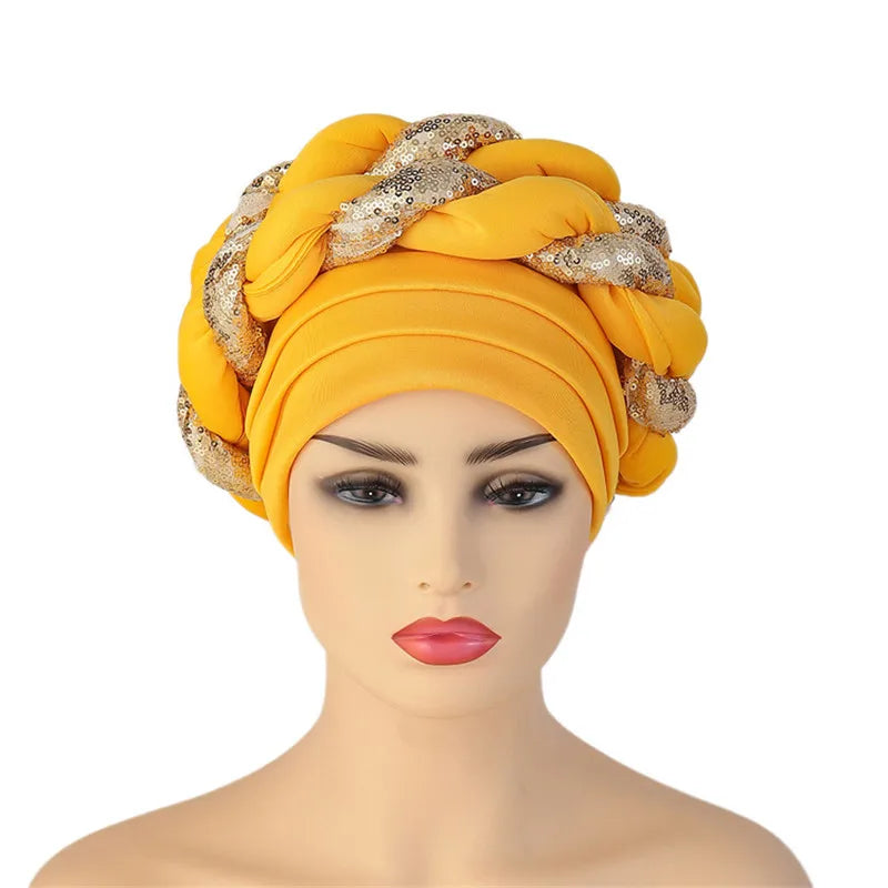 Sequins Braid Turban Cap for women African autogele Headtie
