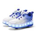 Showlu Kids LED roller skate shoes with luminous lights, USB rechargeable sneakers featuring colorful light-up wheels and sporty design.
