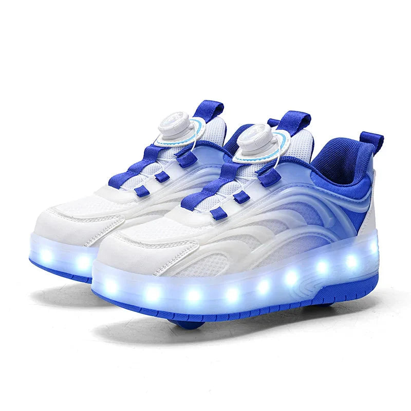 Showlu Kids LED roller skate shoes with luminous lights, USB rechargeable sneakers featuring colorful light-up wheels and sporty design.