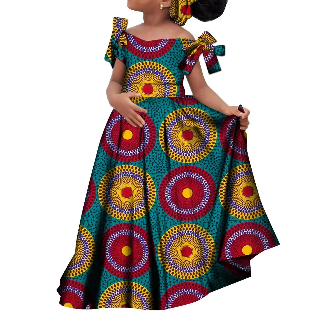 Girls African dashiki cotton dress with matching headscarf by SHOWLU FASHION STORE, featuring vibrant traditional African patterns.