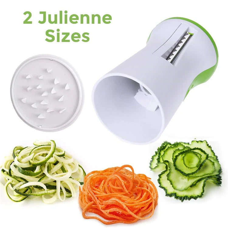 Stainless steel vegetable spiralizer with three blades from Showlu Smart General, showcasing spiralized zucchini on a white background.