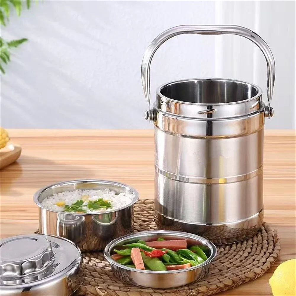 Stainless steel insulated lunch box with 1400ML capacity, portable and durable food container for adults and kids.