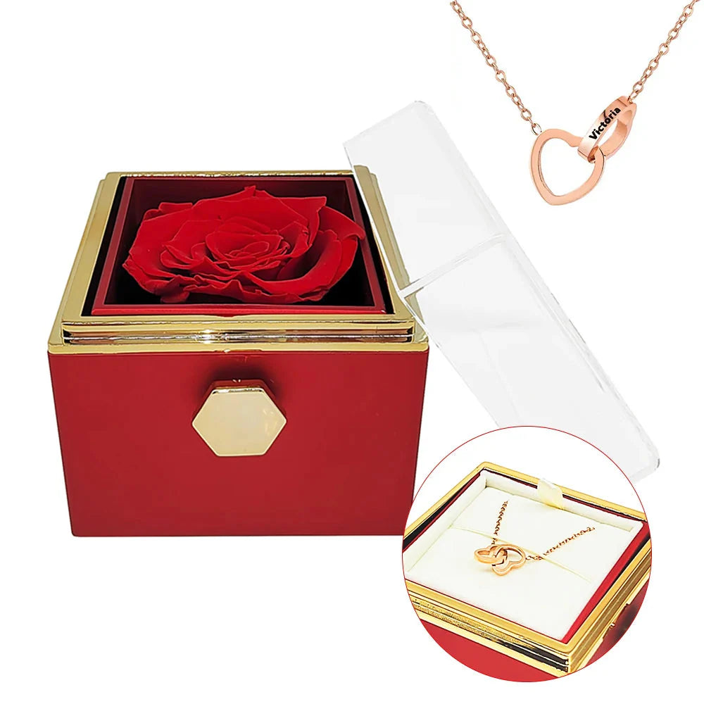 Engraved interlocking heart necklace and eternal rose in a decorative box from Showlu Fashion Store.
