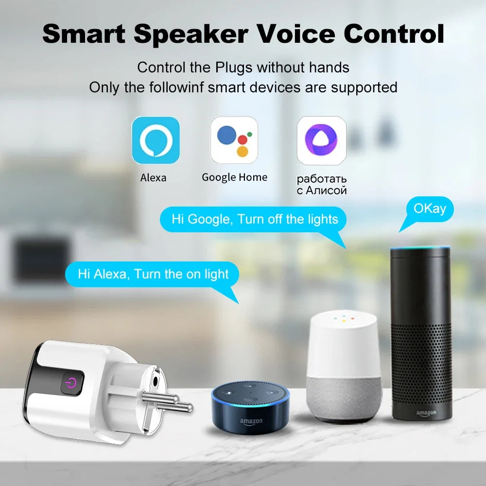 Showlu Smart WiFi Smart Plug EU socket with power monitor and voice control, showing the device plugged into a power outlet.