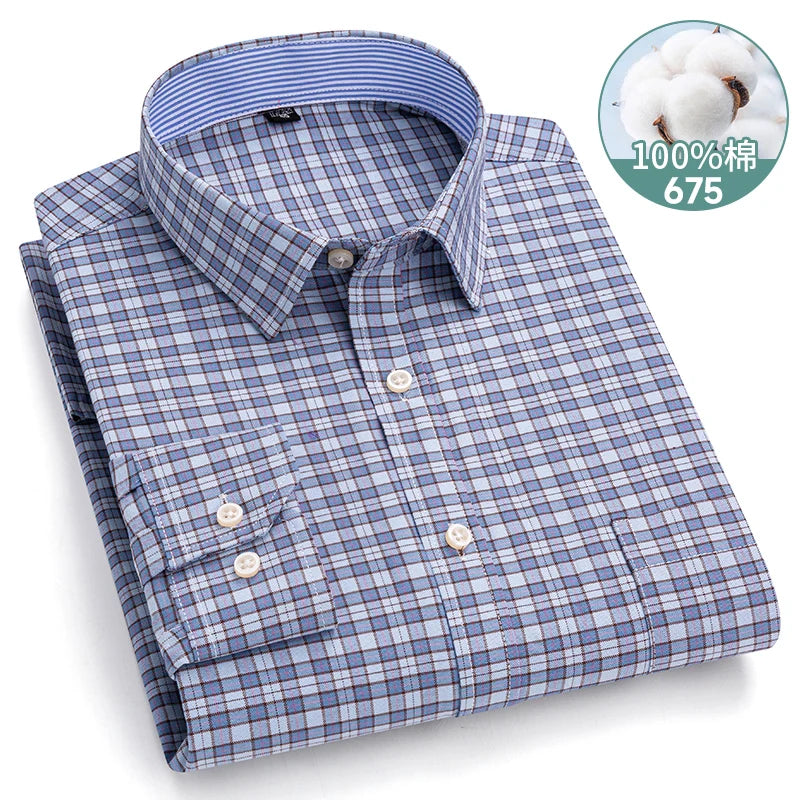Long sleeve men's plaid cotton Oxford dress shirt in soft regular fit, available in 6XL and 7XL sizes, casual and formal wear.