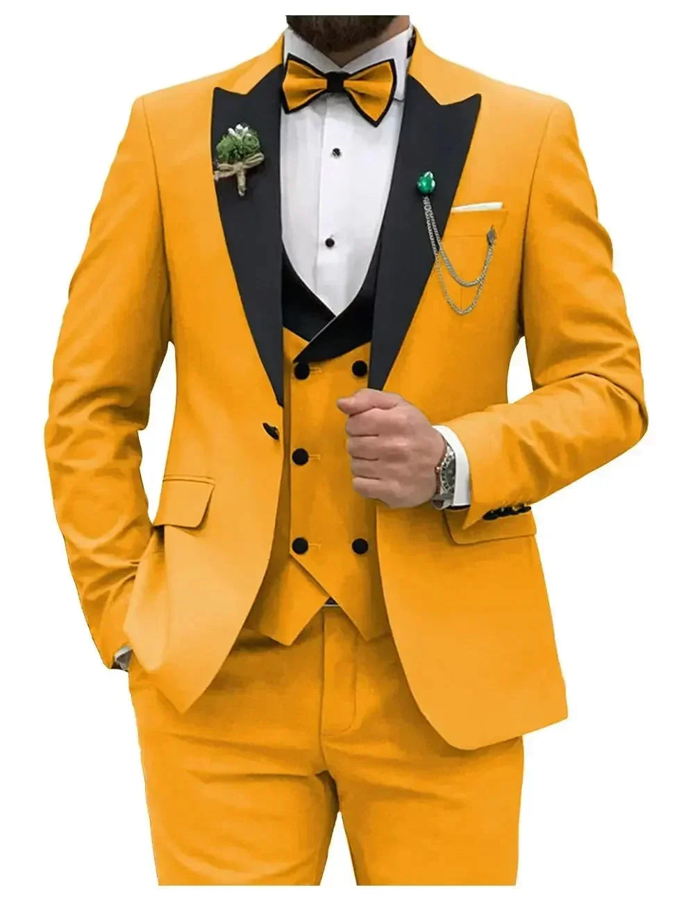 Showlu men's slim fit 3-piece suit with peak lapel, formal business tuxedo, tailored for a sharp, elegant look.