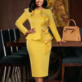 Elegant Women Pencil Midi Dress O Neck Long Sleeve 3D Floral Rhinestone Decor Ruffled Peplum Waist Church Wedding Office Outfits