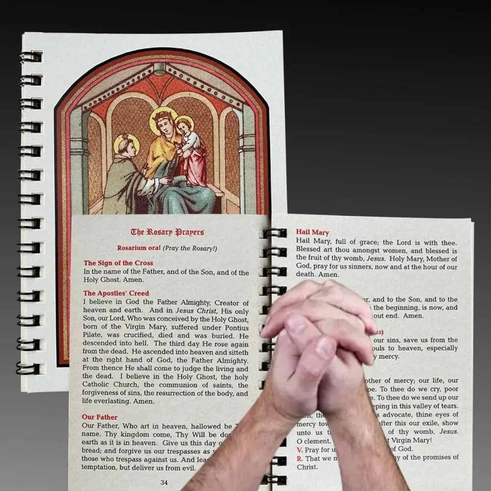 Showlu Fashion Rosary Meditation Prayer Booklet with 42 color pages, featuring religious imagery and inspirational designs.