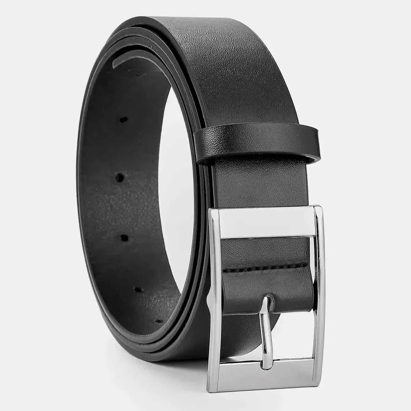 Men's faux leather belt with pin buckle, casual and business style, featuring a sleek design and adjustable fit.